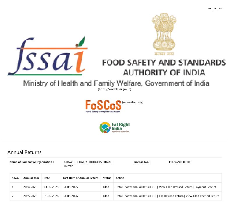 FSSAI annual returns record for Purawhite Dairy Private Limited